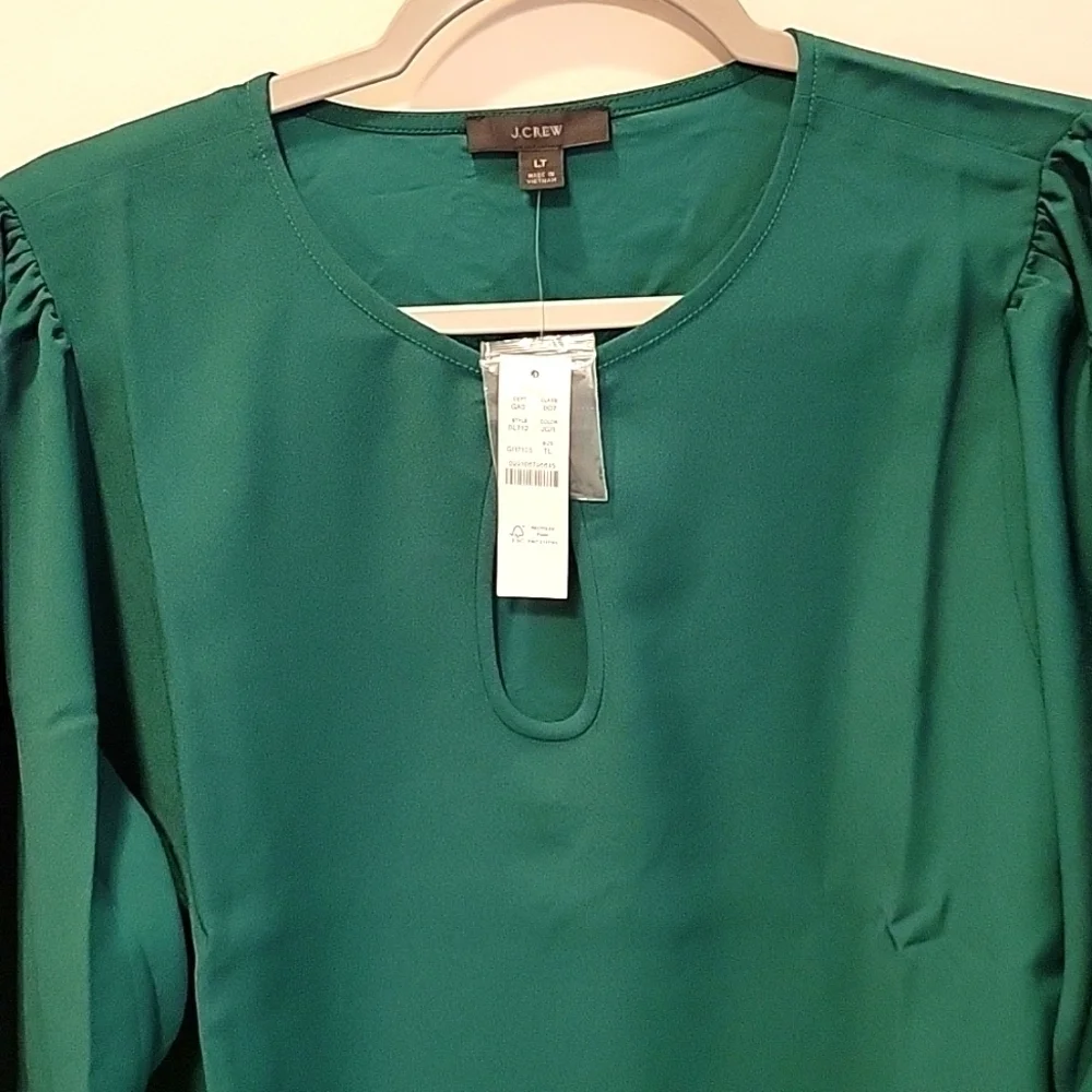 J.Crew Blouse Longsleeve Keyhole Front Puff Sleeve Crepe Green Large Tall NWT